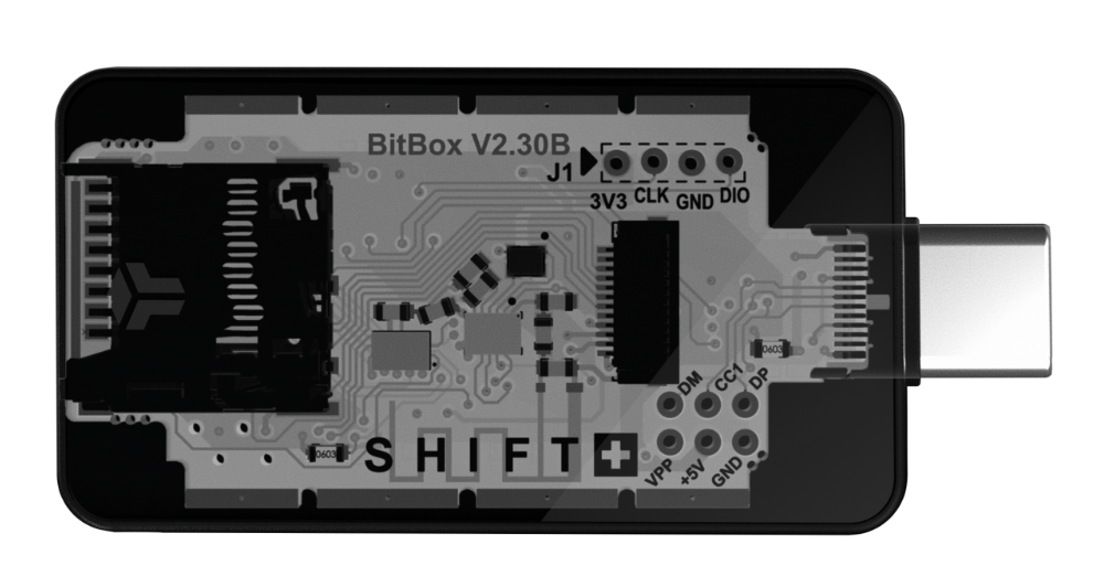 X-ray view of BitBox02 Nova showing internal circuit board, secure chip, SD card slot, and USB-C connector